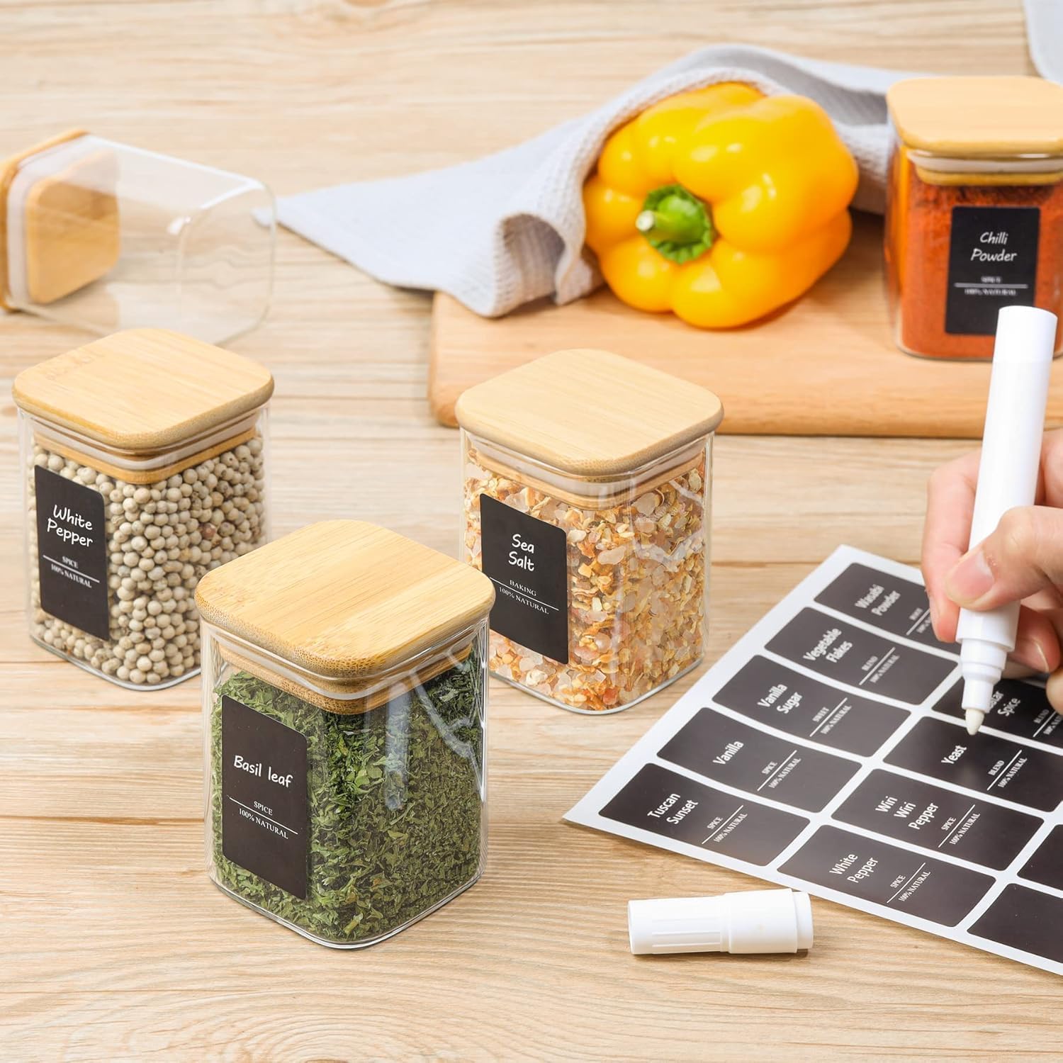ComSaf Spice Jars with Labels 6 oz 12Pack, Small Spice Containers Starter Set, Glass Seasoning Jars with Lids, Square Seasoning Containers for Salt, Pepper, Chili Powder, Sugar, Ginger Ground, Cumin