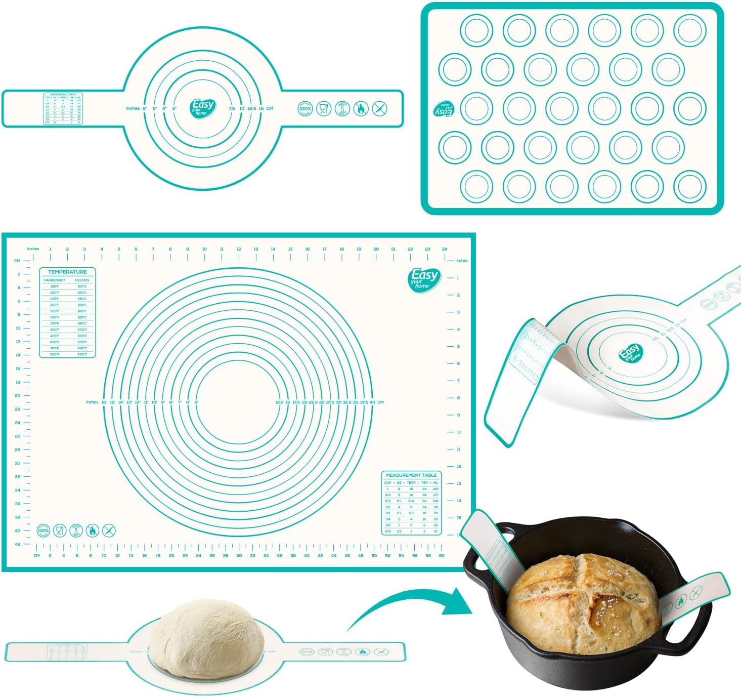 3PCS Silicone Bread sling & Silicone Baking Mat & Macaron Baking Sheet, Non-Stick Reusable Bread Making Tools for Kneading Dough Rolling Pastry and Baking Accessories