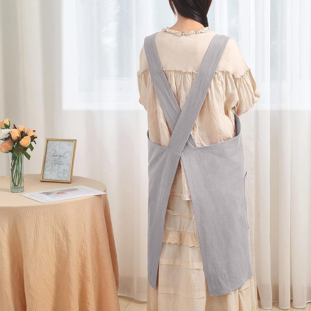 Soft Cotton Linen Apron for Women - Non-tie Cross Back Apron with Pockets, Great for Florist and Kitchen