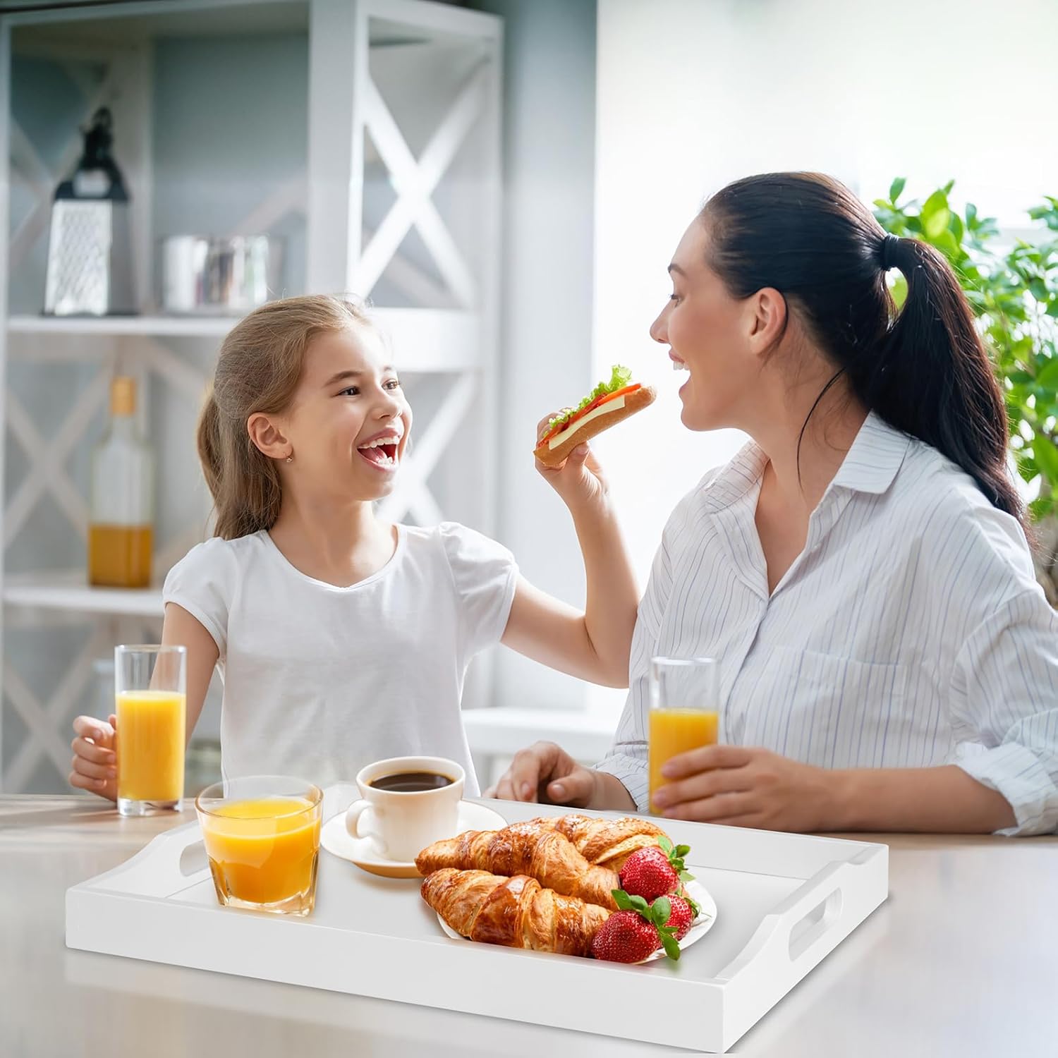 Bamboo Food Serving Tray with Handles, Breakfast Bed Tray for Tea,Snack,Dinner, Home Decorative Storage Food, Platter, Ottoman for Kitchen Counter, Bathroom, Restaurant (White)