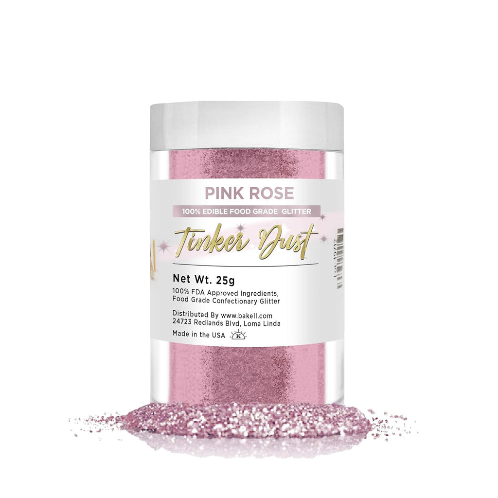 BAKELL Pink Rose Edible Glitter, 25 Grams | TINKER DUST Edible Glitter | KOSHER Certified | 100% Edible Glitter | Cakes, Cupcakes, Cake Pops, Drinks, Dessert Vegan Glitter & Dusts (25g, Pink Rose)