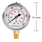 Glycerin Filled Pressure Gauge 10000psi/700bar, Stainless Steel case, Brass Inside Construction, 2-1/2" dial, 1/4" NPT Rear Connection.