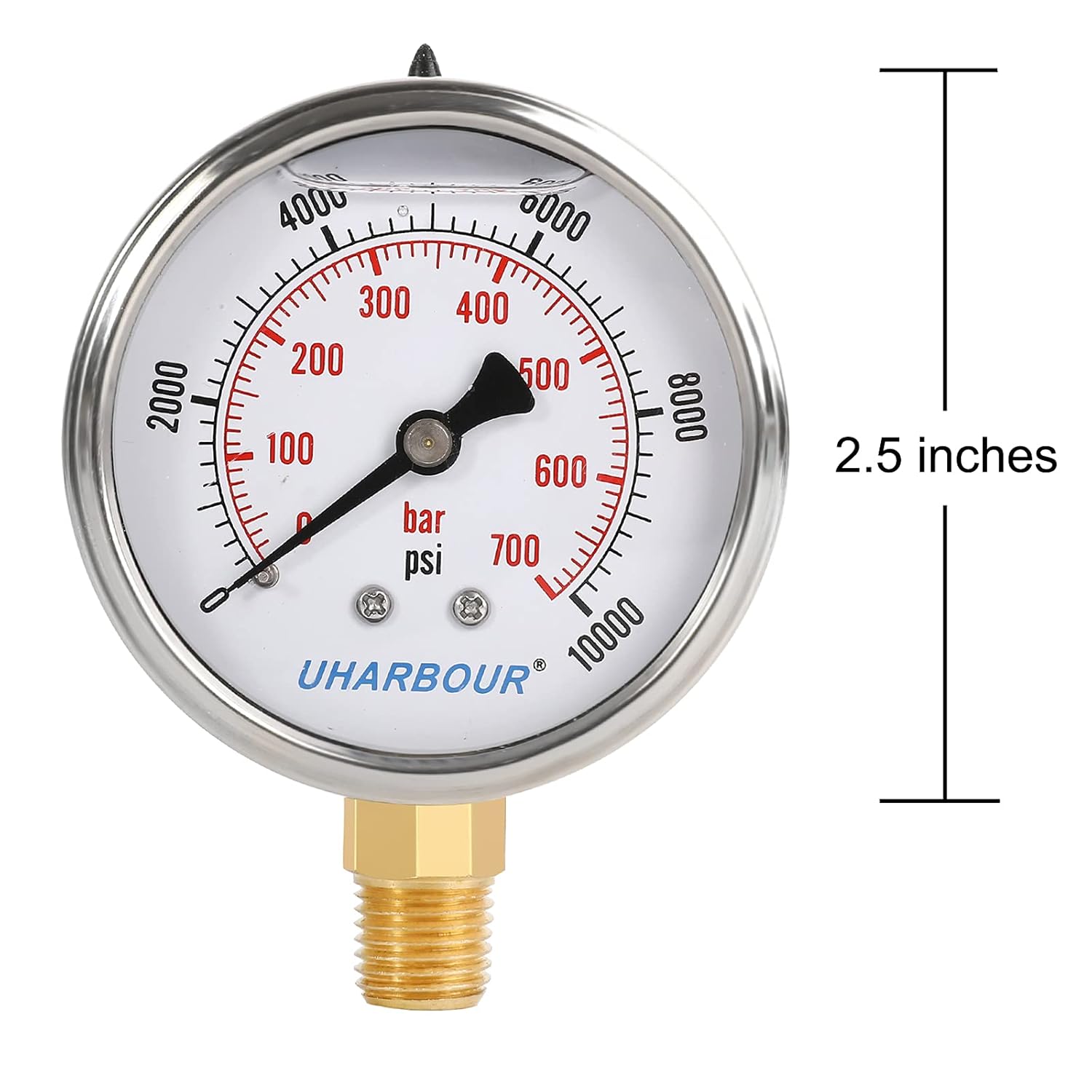 Glycerin Filled Pressure Gauge 10000psi/700bar, Stainless Steel case, Brass Inside Construction, 2-1/2" dial, 1/4" NPT Rear Connection.