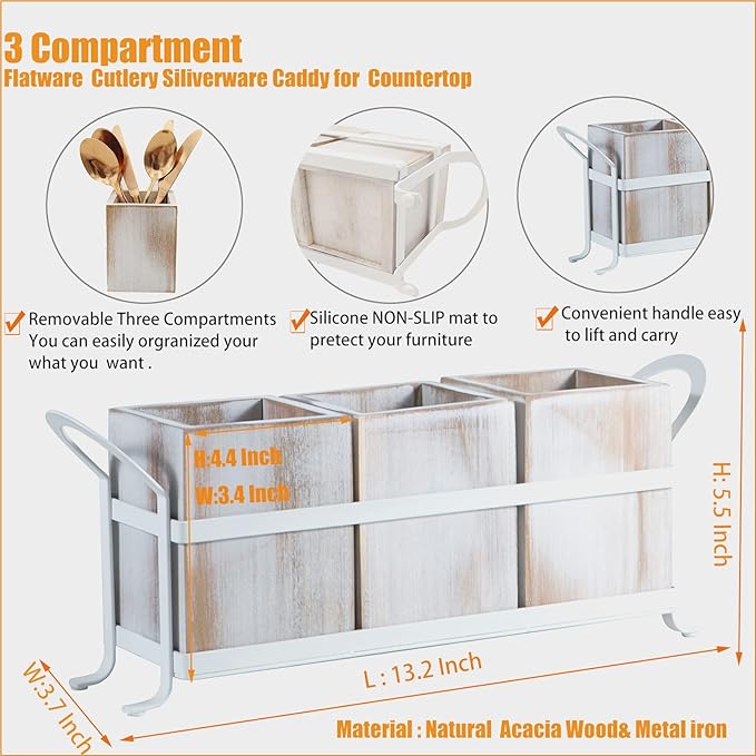 Silverware Caddy Utensil Organizer for Countertop, Flatware Caddy with Metal Rack, Wooden Utensil Cutlery Holder with 3 Compartment for Kitchen Decor and Party -White
