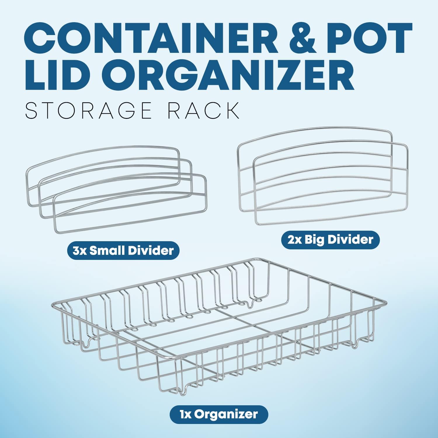 Food Container Lid Organizer - Lid Storage Holder, Large, Chrome