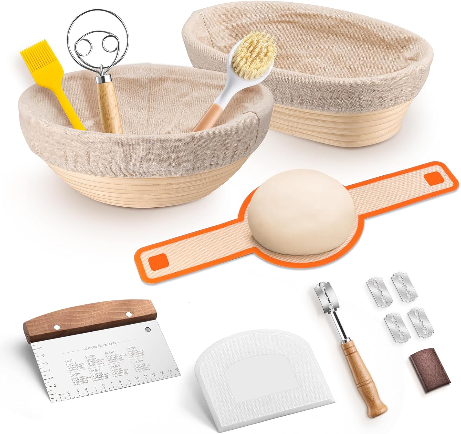 TeamFar Sourdough Bread Baking Supplies, 9” Round and 10” Oval Sourdough Starter Kit, Proofing Basket Set with Cloth Liner, Bread Lame, Whisk Dough, Bowl Scraper, Brush