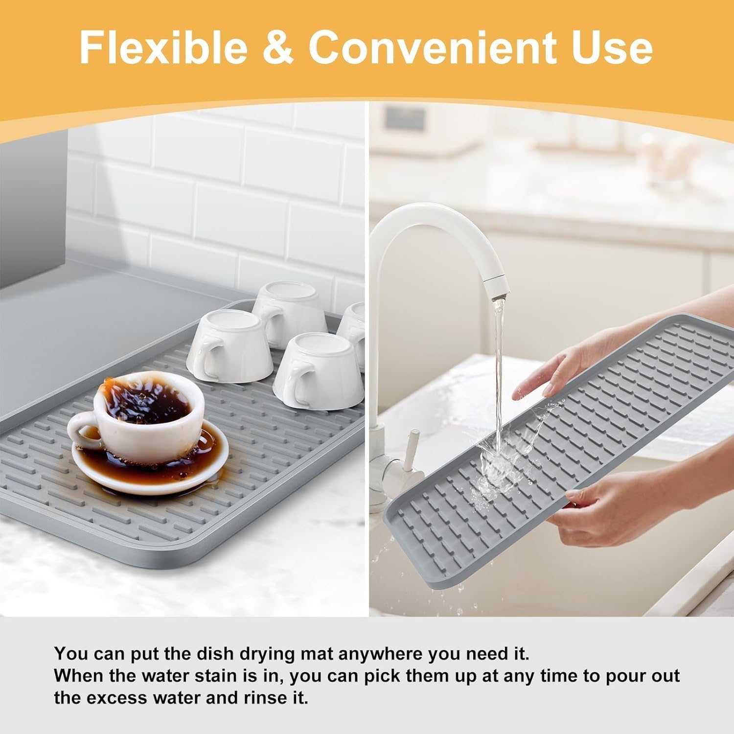 Silicone Coffee Mat,16'' x 16'' Coffee Bar Mat with Detachable Dish Drying Mat for Kitchen Countertops,Coffee Bar Accessories Fit Under Coffee Maker Coffee Machine Espresso Machine Dish Rack