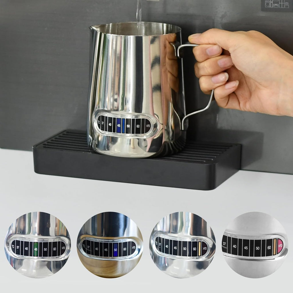 Milk Frothing Pitcher 20 oz, 2Pcs Milk Frother Cup with Thermometer Stainless Steel Milk Steamer Frother Temp Control Milk Jug Latte Milk Frother Thermometer Coffee Shop Accessories