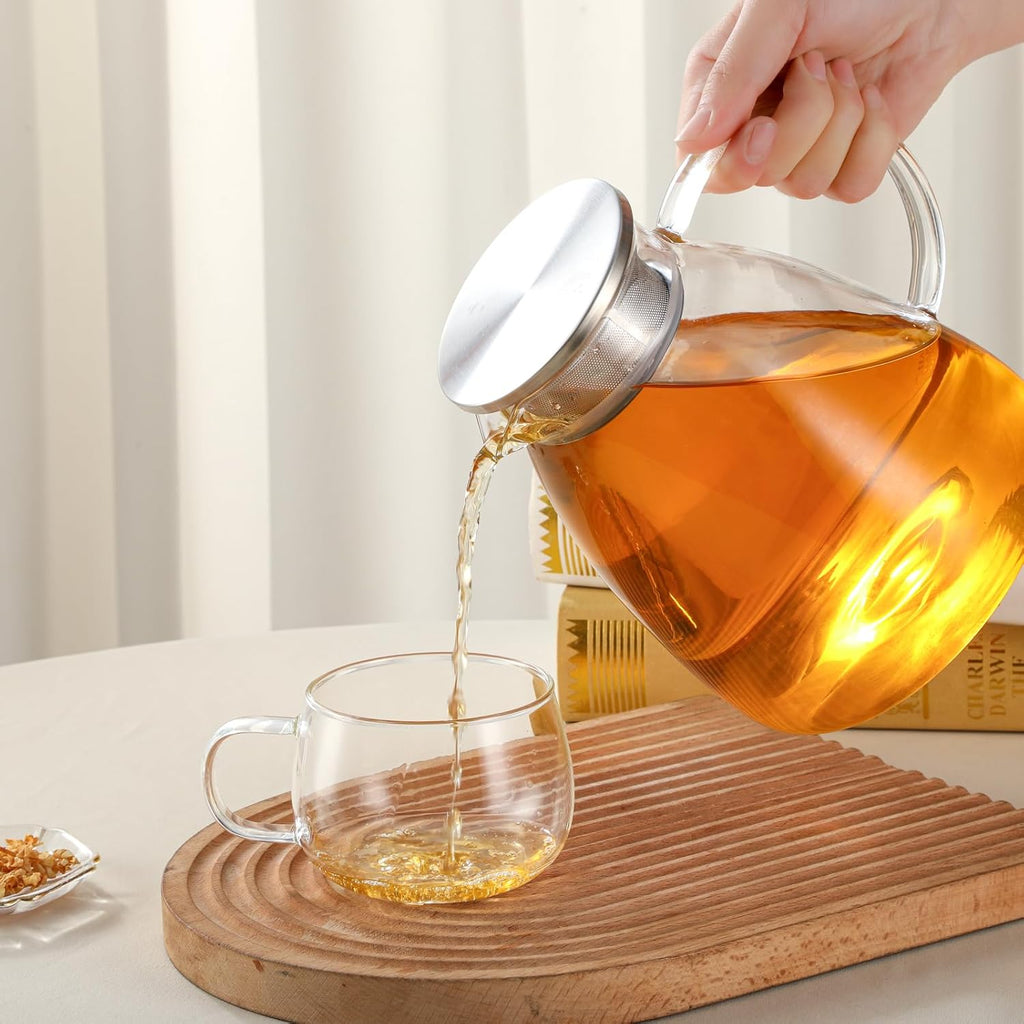 68OZ/2000ML One Touch Glass Teapot with Stainless Steel Filter Lid, Stovetop & Microwave Safe Tea Maker Water Kettle, Strainer & Cover 2 in 1 Loose Leaf Tea Steeper Pot Coffee Carafe