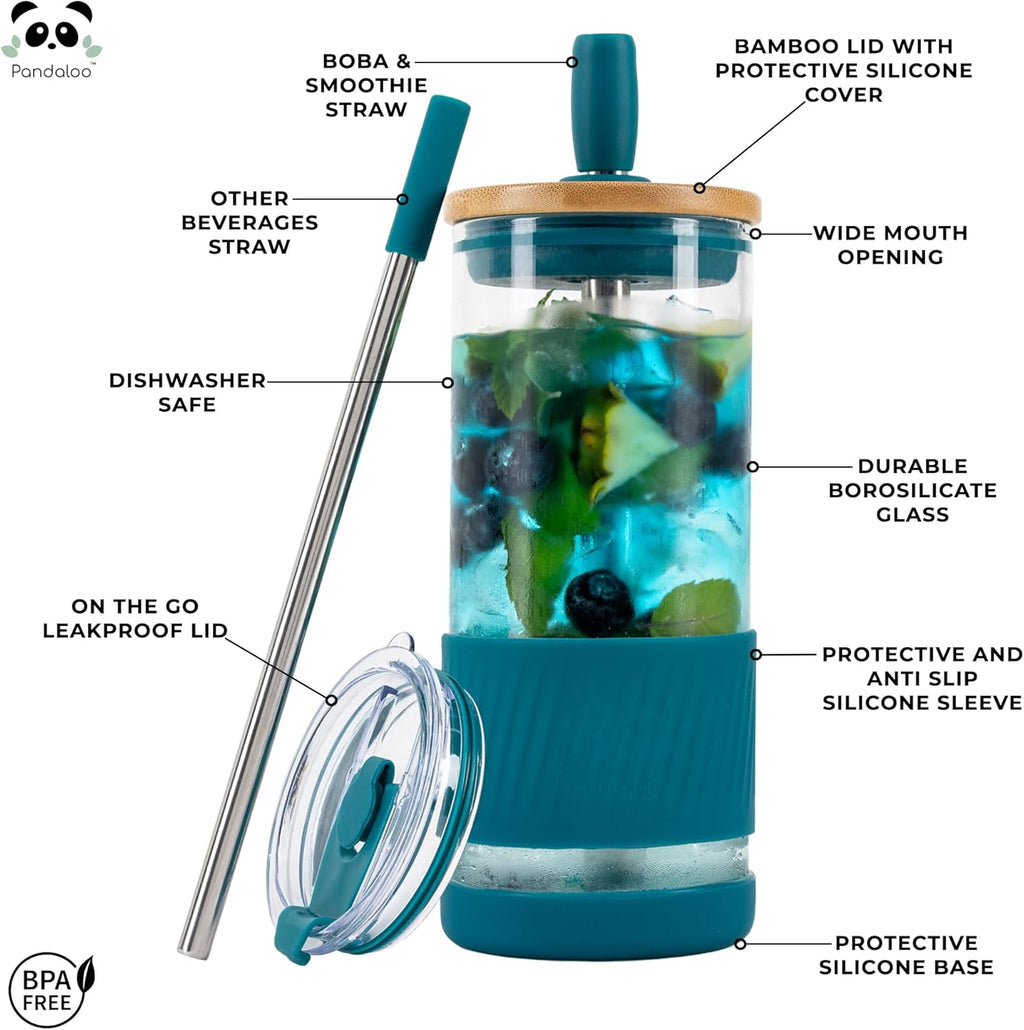 Pandaloo® Glass Cups With Lids and Straws -20 Fl Oz- Perfect Size Iced Coffee Cup - Smoothie Cup With Bamboo Lid and On the go Lid - Glass Tumbler (2 Count (Pack of 1), Intense Teal-Galactic Blue)