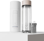 Glass Multi Tea Infuser Bottle 14oz - Double Wall Borosilicate Glass Flask | No Plastic Touches Contents | Perfect for Office or Home - Beige