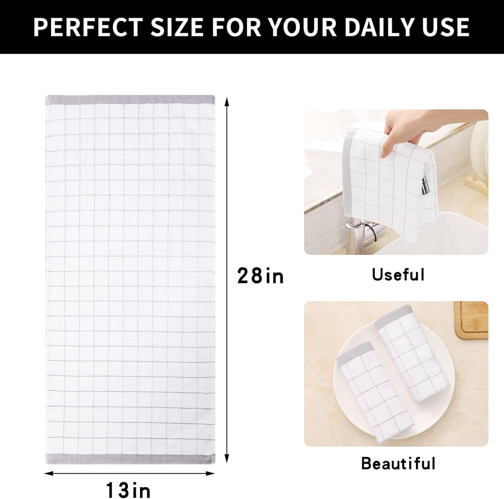 Homaxy 100% Cotton Terry Kitchen Towels(White, 13 x 28 inches), Checkered Designed, Soft and Super Absorbent Dish Towels, 4 Pack