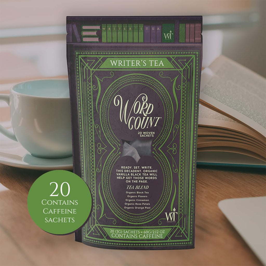 Writer's Tea Word Count - Energy Tea - Black Tea, Flavoring, Cinnamon, Rose Petals, and Orange Peel Tea Blend - Contains Caffeine - 20 Woven Sachets