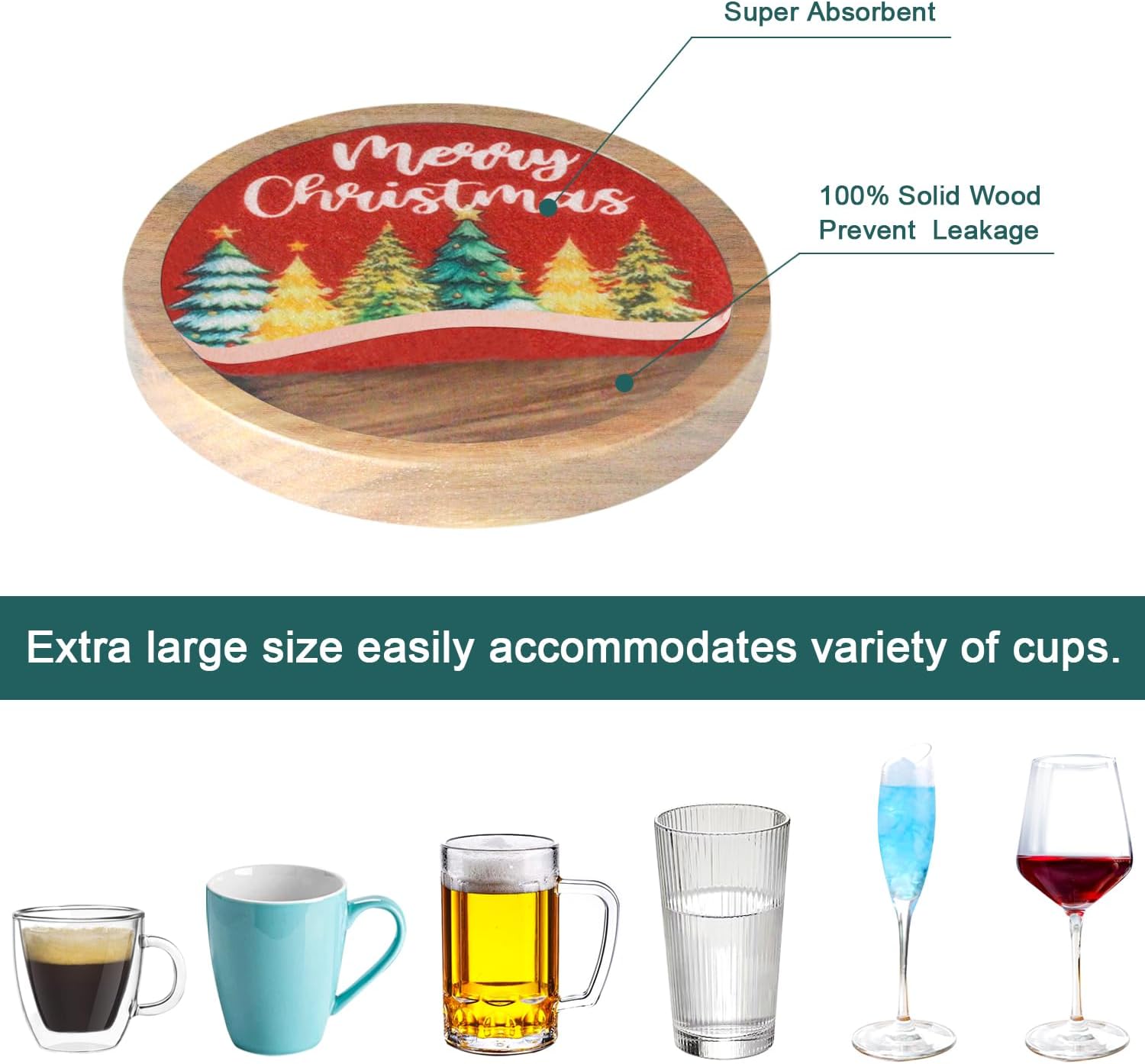 Christmas Tree Coasters for Drinks with Holder, Minacun Absorbent Coaster Set of 6, White Elephant Gifts, Secret Santa Gifts, Xmas Decor, Drinks Coasters for Coffee Tabletop Protection, 4.3 Inches