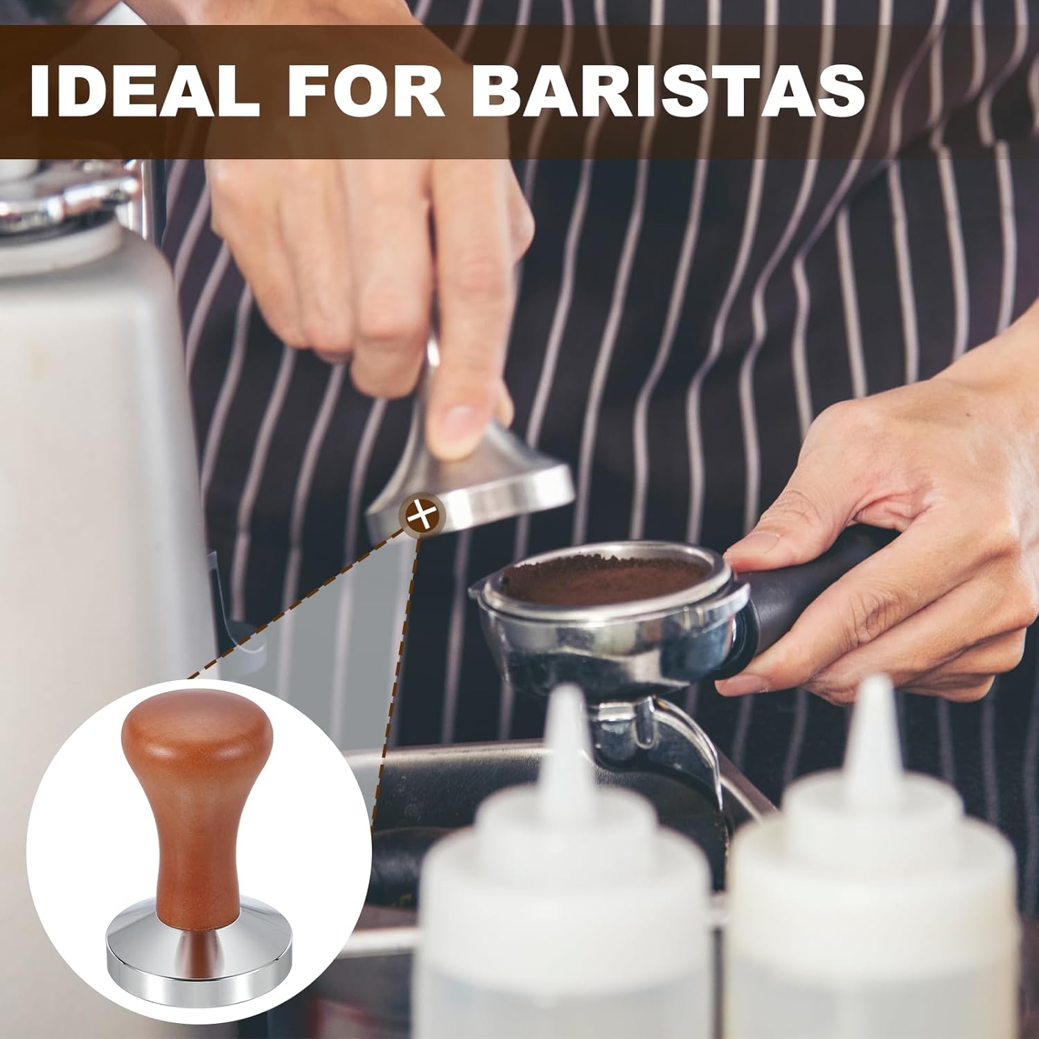 uxcell 58mm Coffee Tamper, Stainless Steel Espresso Press Tamper, Espresso Tamper with Wooden Handle Suitable for Coffee Shop, Restaurant Bar, Bakery (Dark Brown)
