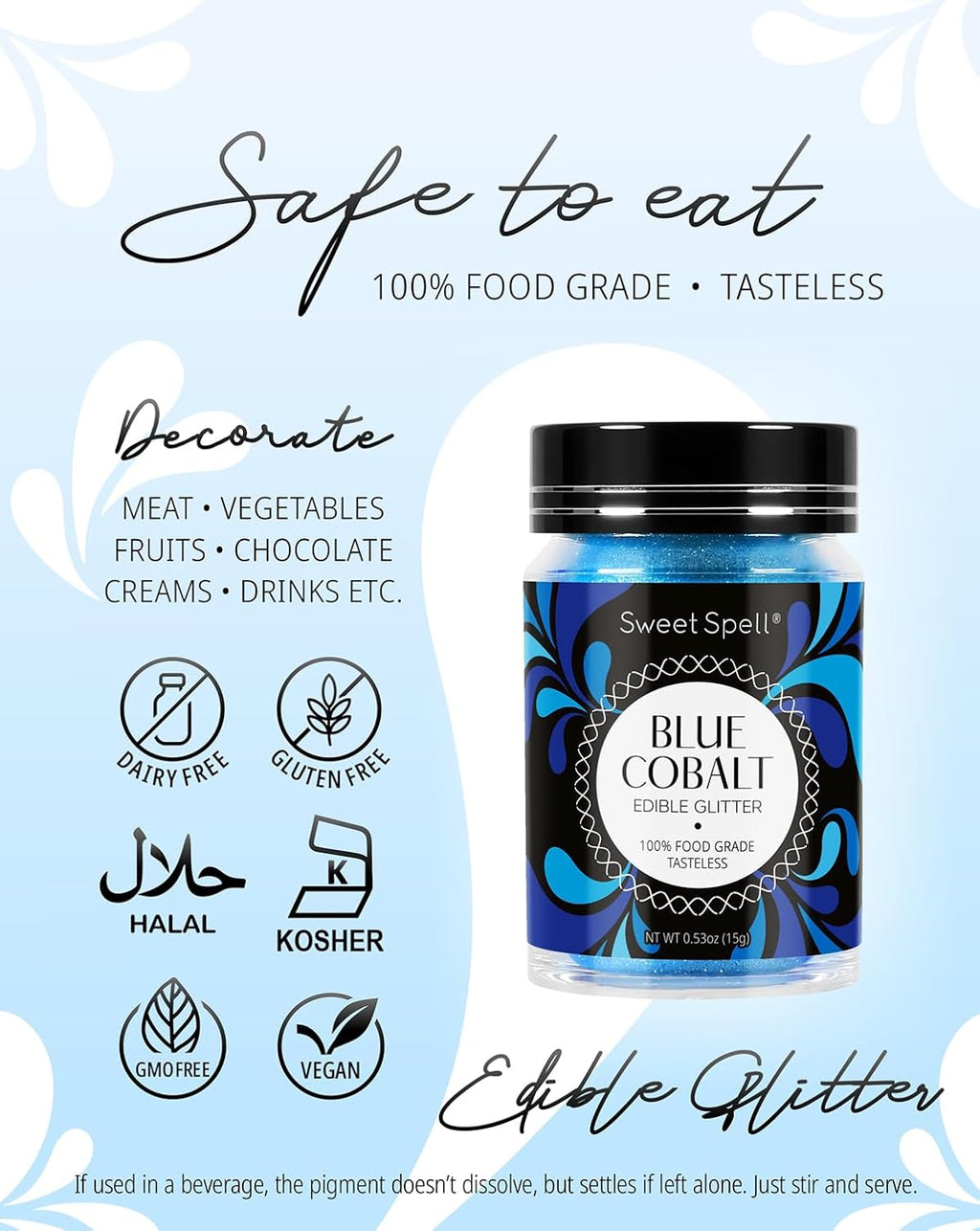 Sweet Spell Edible Glitter (15g) - Shimmer Sparkles for Drinks, Cakes, Cocktails - 100% Edible & Food Grade Glitter, Vegan, Gluten-Free (Blue)