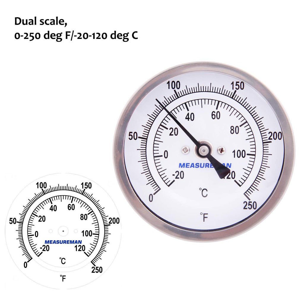 MEASUREMAN Fully Stainless Steel Pot, Kettle, Brewing Bimetal Thermometer, 3" Dial, 2-1/2" Stem, 0-250 deg F/-20-120 deg C, -1% Accuracy, Adjustable, 1/2" NPT Back Mount