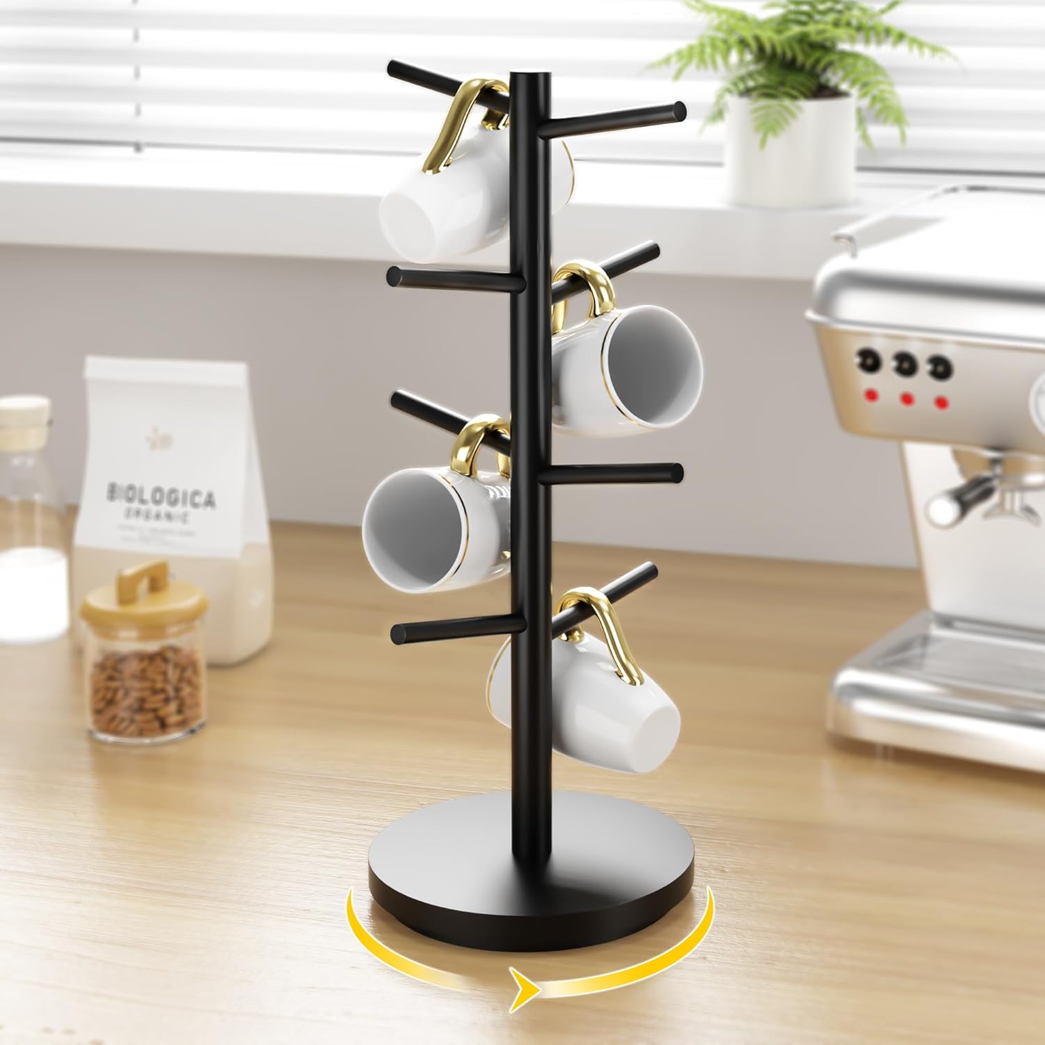 Wisuce Coffee Mug Holder Tree Upgraded 360Rotated Cup Holder for Counter Black Wood Cup Tree Mug Rack Organizer Stand with 8 Hooks for Kitchen Coffee Bar Accessories