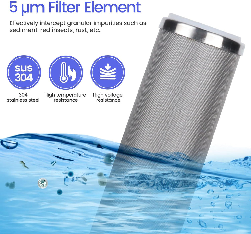 Amwater Stainless Steel Cleanable Wire Mesh Filter Cartridge 10”Length,2.5"OD(5 Micron)