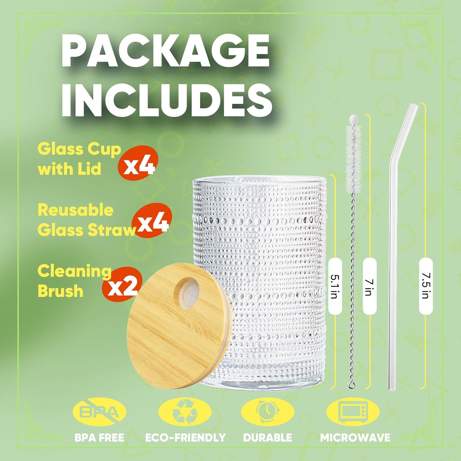 15 Oz Glass Cups with Lids and Straws, Vintage Embossed Glassware for Whiskey Cocktail Beer, Iced Coffee Cup with Lid (4 PACK)