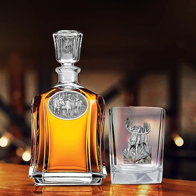 Heritage Pewter Moose Square Shot Glass | Hand-Sculpted 1.5 Ounce Shot Glass | Intricately Crafted Metal Pewter Inlay