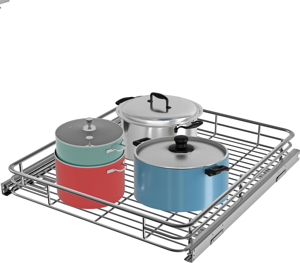 Pull Out Cabinet Organizer (22"W x 21"D), Slide Out Shelves for Kitchen Cabinets, Pull Out Drawers Heavy-Duty Metal Rolling Shelf, Chrome Finish