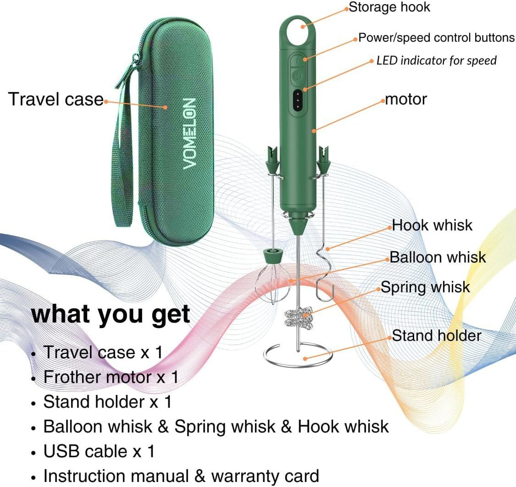 Rechargeable Milk Frother Handheld 3 Speed Coffee Foamer [3 Whisk] Electric Drink Mixer for Latte, Cappuccino, Coffee, Eggs, Hot Chocolate,Grass Green