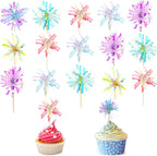 30 Pieces Happy Birthday Cake Toppers Foil Firework Cupcake Toppers Sparkle Tinsel Flower Drink Stirrers for Cake Decoration Party Supplies