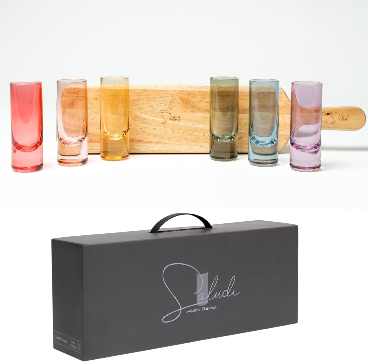 Saludi Colored Shot Glasses, 2oz (Set of 6) Multi-Color Glass with Wood Paddle - Luxury, Durable, Hand-Blown