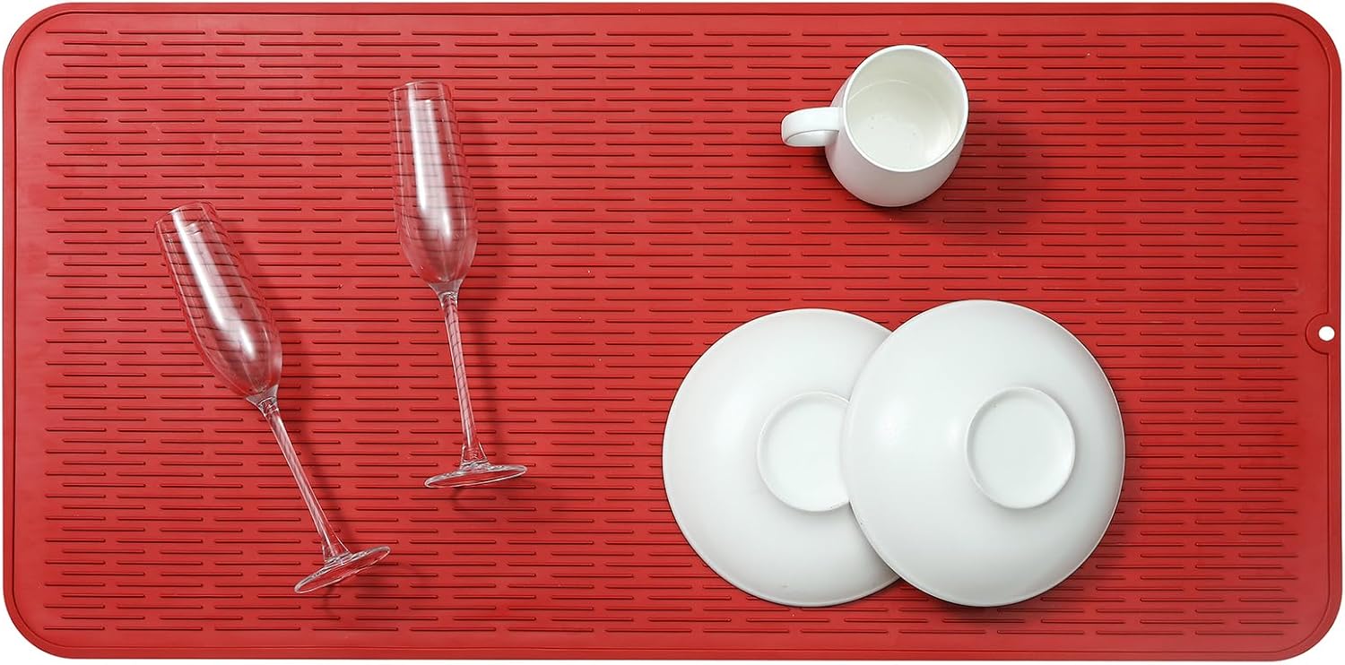 Silicone Dish Drying Mat for Multiple Usage,Easy clean,Eco-friendly,Heat-resistant Silicone Mat for Kitchen Counter or Sink,Refrigerator or Drawer Liner Red 5XL 36inches x 18inches