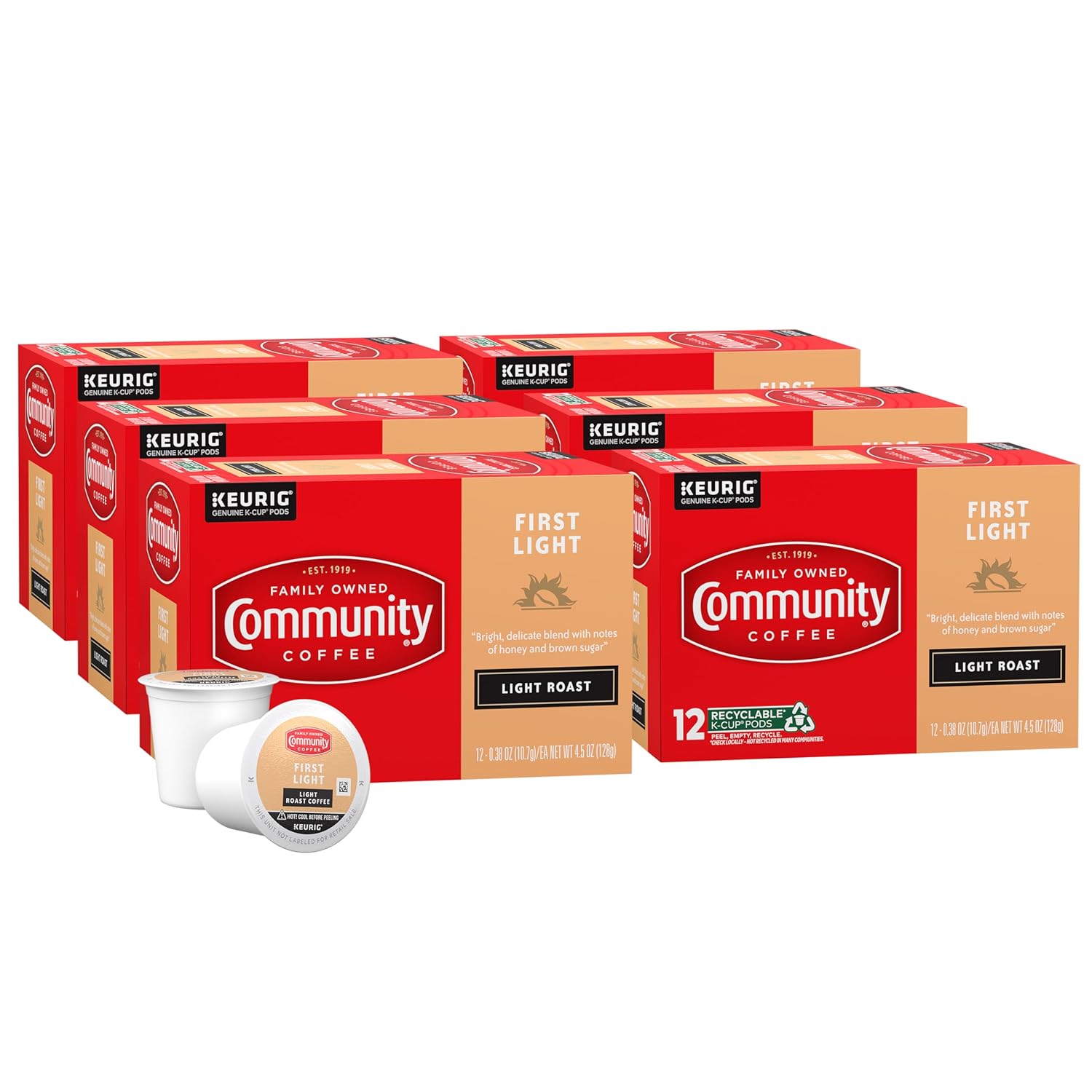 Community Coffee First Light, 72 Keurig Coffee Pods, Light Roast, Compatible with all K-Cup Brewers, 12 Count (Pack of 6)