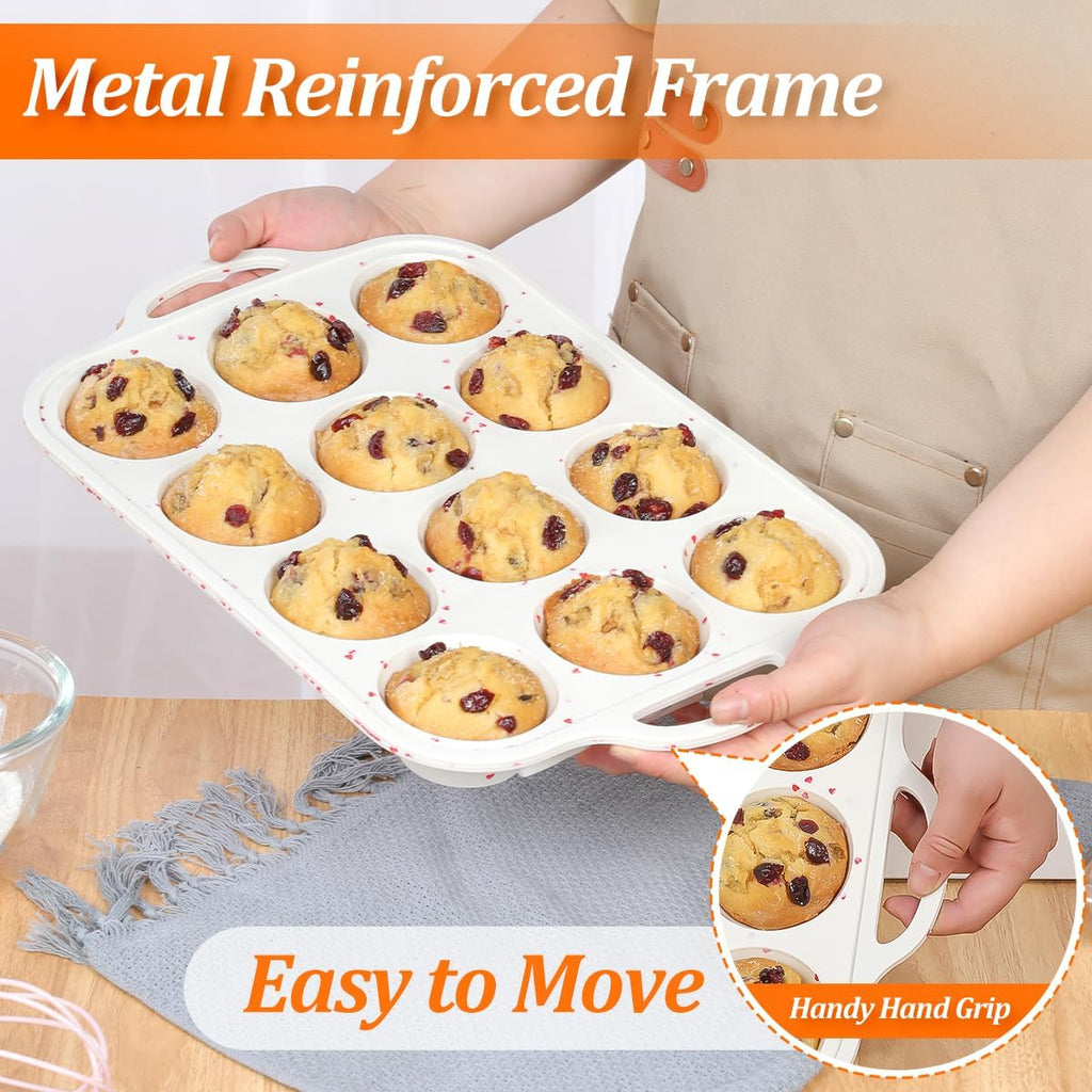CAKETIME Regular Size Muffin Pan with Metal Reinforced Frame, Silicone Cupcake Pan Easy to Handle Nonstick 12 Cups Silicone Muffin Pans for Baking BPA Free 2 Pack