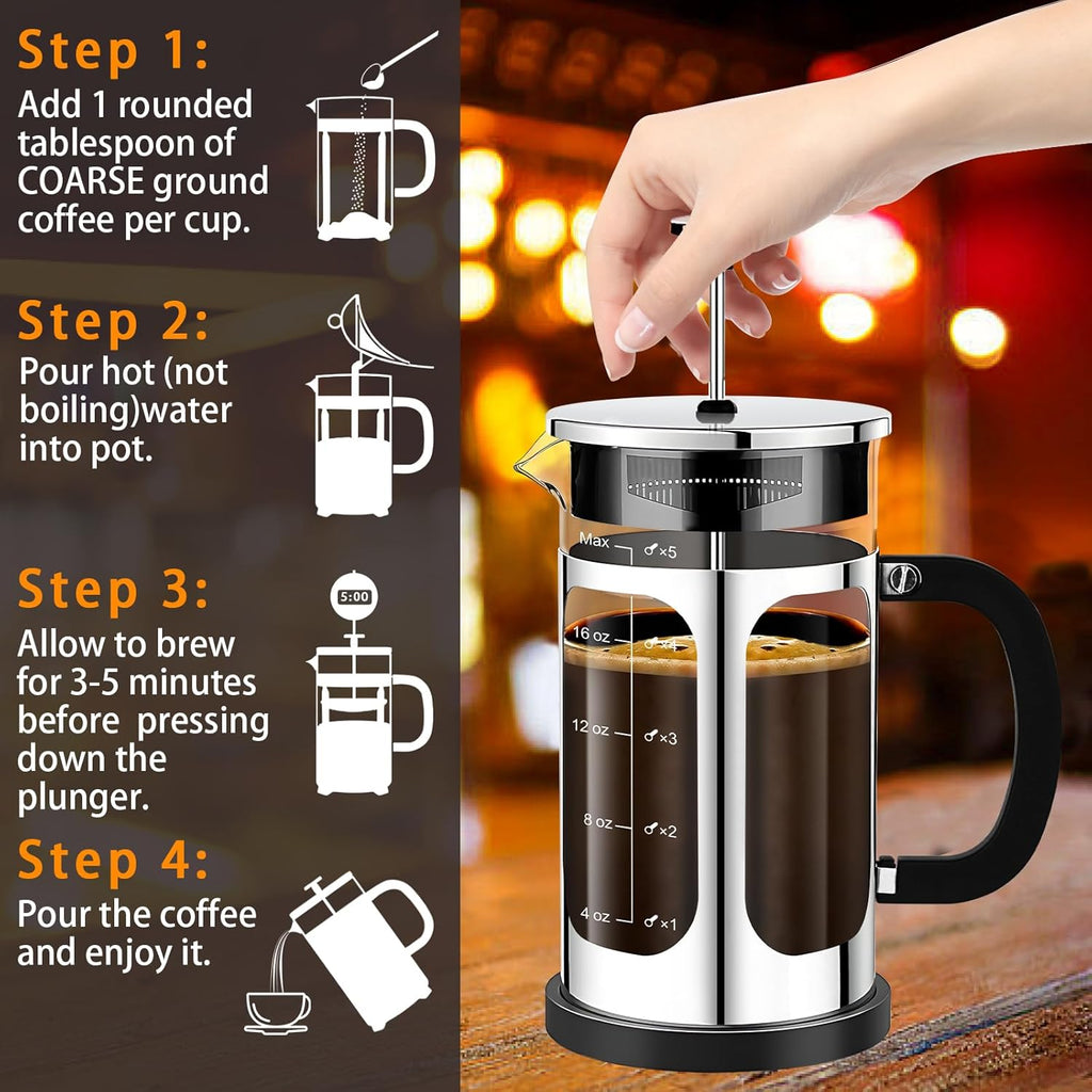 French Press Coffee Maker (21oz 600ML 3-4Cup) Coffee Press, with 4 Filters System, Heat Resistant Thickness Borosilicate Glass, Cold Brew Coffee Tea Pot Gifts (Silvery)