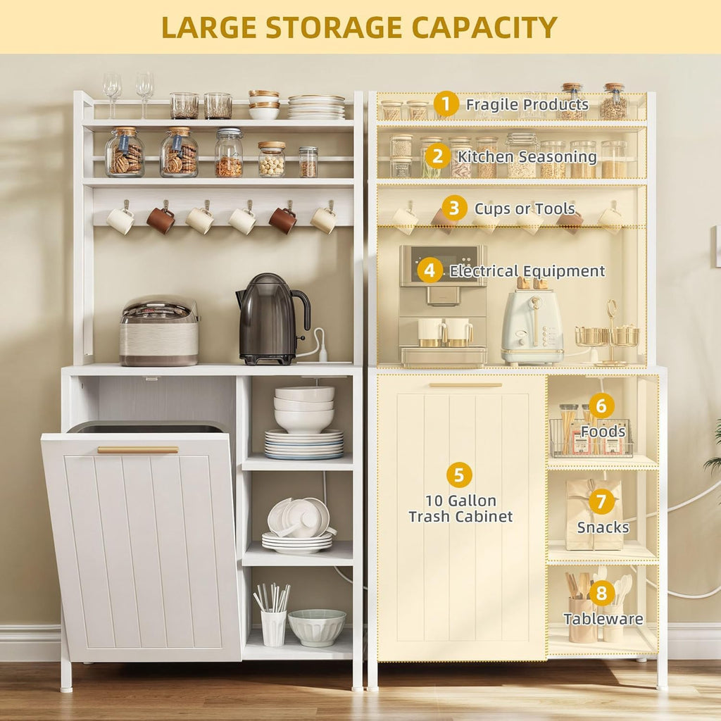 YITAHOME Bakers Rack with Storage Microwave Stand with Trash Can Bin Cabinet and Power Outlet 6-Tiers Coffee Stand Large Microwave Table for Kitchen Dining Room Living Room White