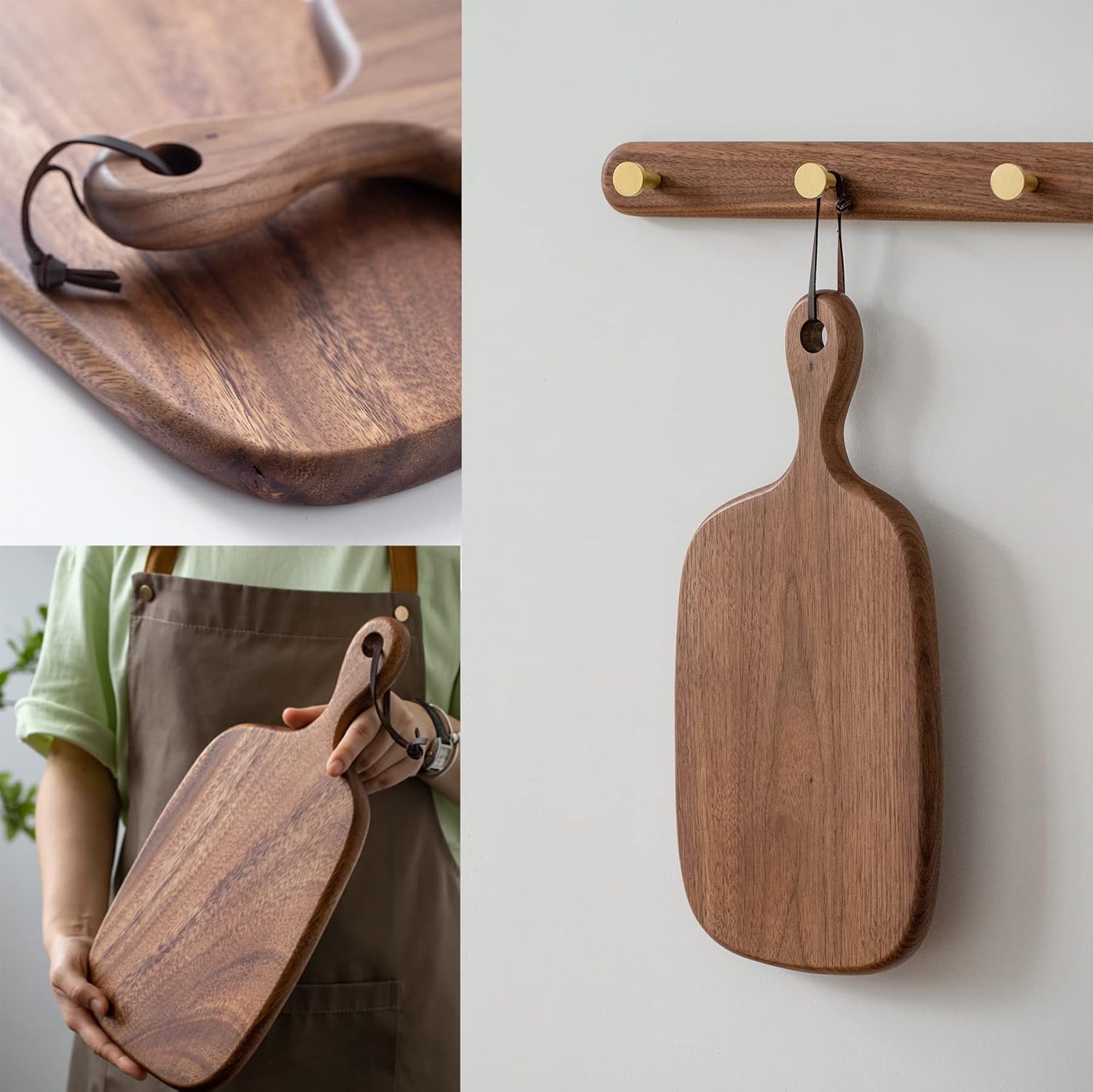Muso Wood Small Cutting Board with Handle, Walnut Wooden Chopping Boards for Bread, Vegetables & Fruits, Dinner Cheese Board with Hole(15.2x7.3 Inches)