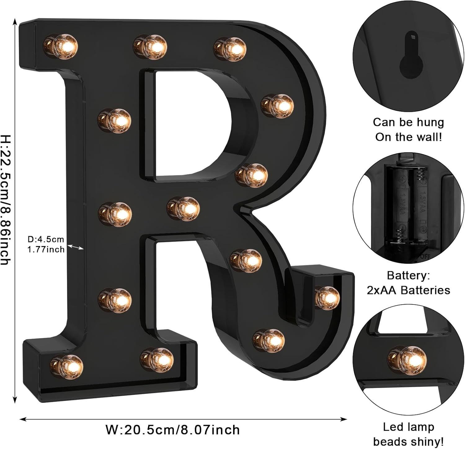 Foaky Black LED Letter Lights for Room Decor - Bedroom Wall Decor, Alphabet Lights for Home, Wedding, Party - Battery Operated （R）