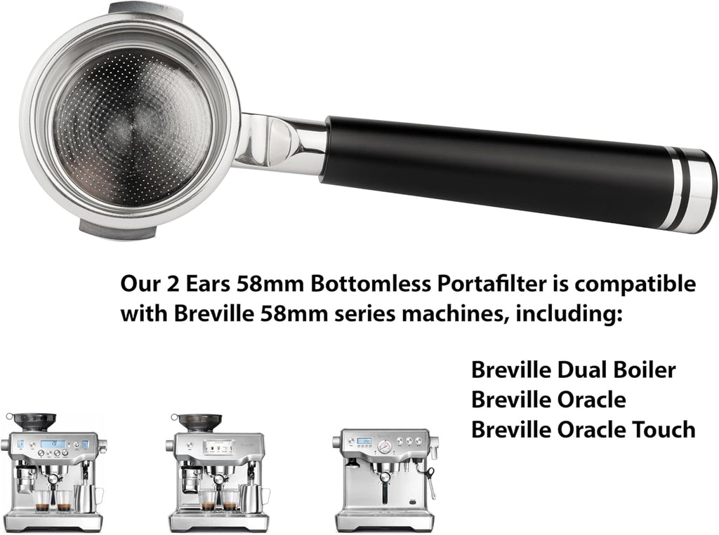 LILQ 58mm Bottomless Naked 2 Ears Portafilter Compatible with Breville Machines– Includes 18–20g Basket