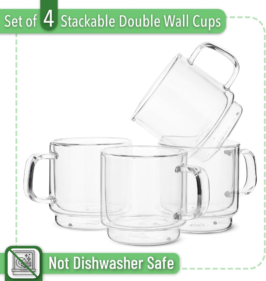 BTaT- Stackable Double Wall Glass Cups, Set of 4 (8 oz, 240 ml), Tea and Coffee Mugs, Cappuccino, Latte Cups, Clear