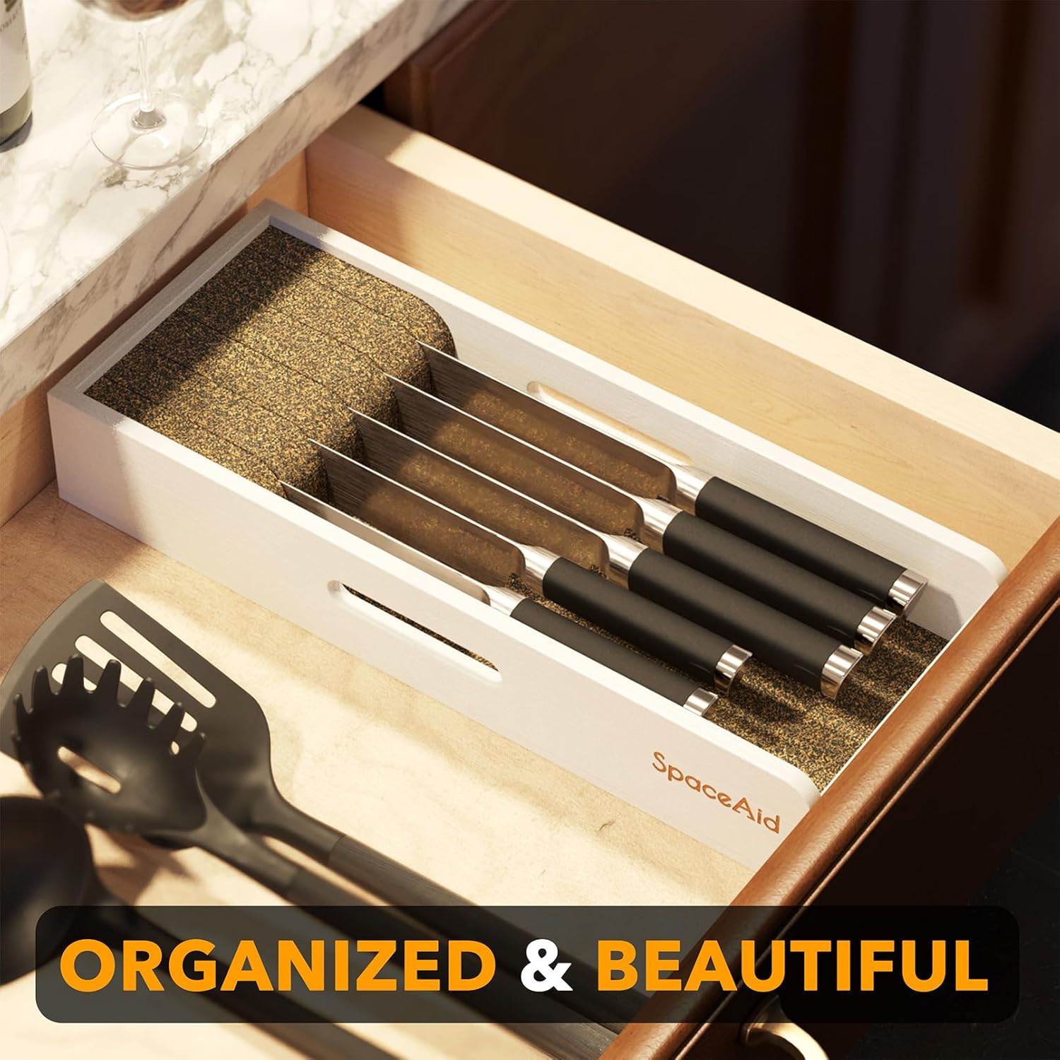 SpaceAid Knife Drawer Organizer Bamboo Insert Dock, Kitchen Steak Knives Holder Organizers Block for Drawer in Storage Organization (Small, White)