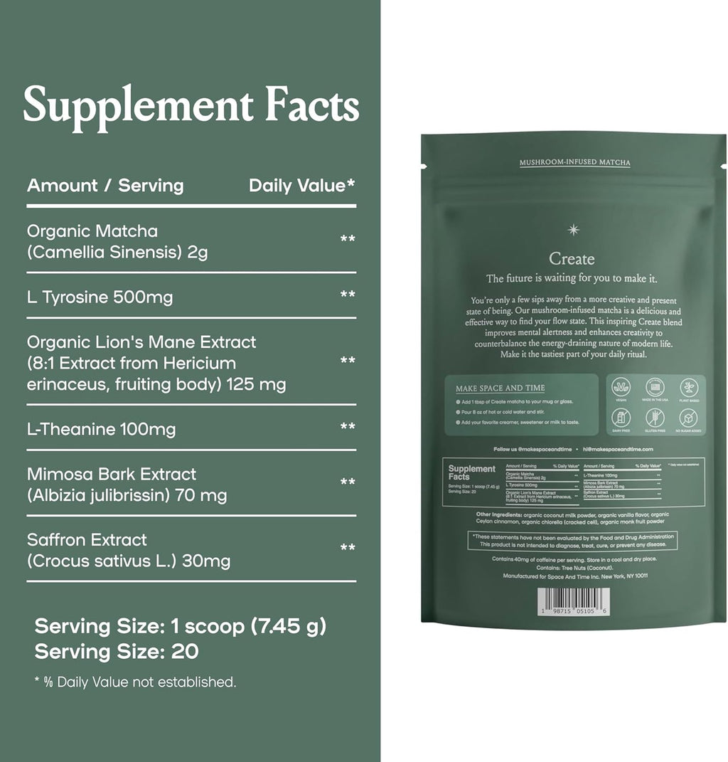 SPACE AND TIME Create - Mushroom Matcha Tea - 20 Cups of Creativity, Energy & Enhanced Mood - Organic Matcha Powder with Lions Mane, L-Theanine & Saffron