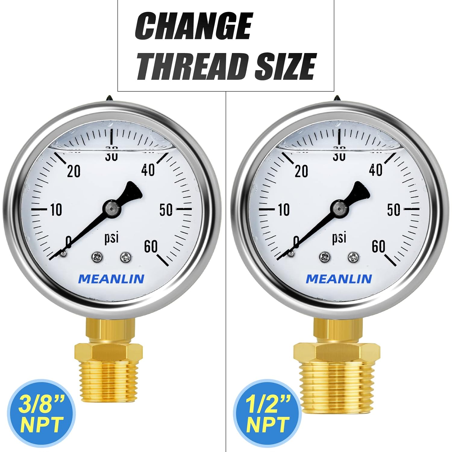 MEANLIN MEASURE 0~60Psi Stainless Steel 1/4" NPT 2.5" Single Scale FACE DIAL, Glycerin Filled Pressure Gauge, Pool Sand Filter, Lower Mount, with 1/2" NPT and 3/8" NPT Hex Bushing