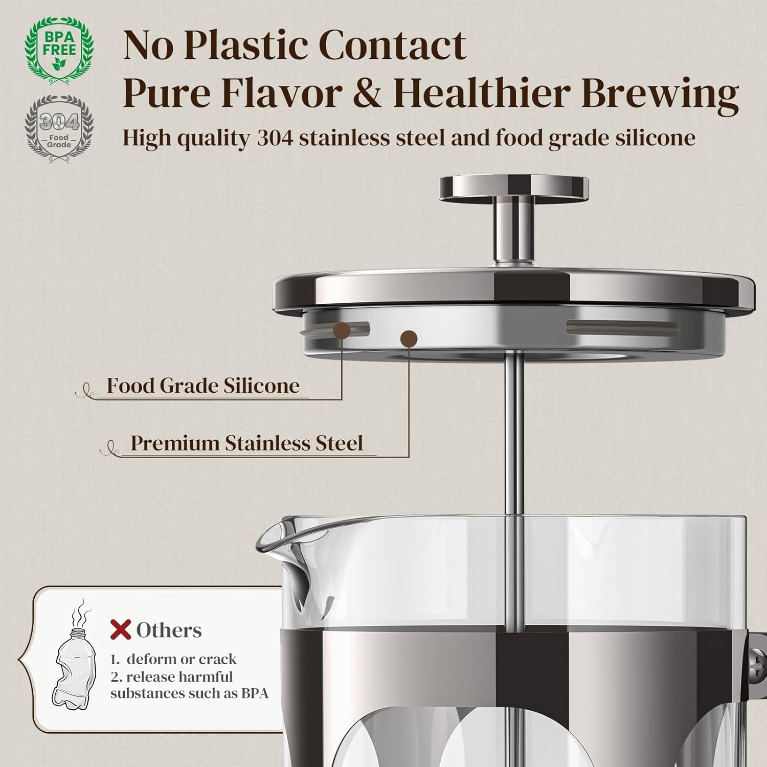 Veken French Press Coffee Maker 34oz 1 L, No Plastic Touching Cafe, Heat Resistant Thickened Borosilicate Glass, Stainless Steel Brewer,Cold Brew Cafetera Teapot for Kitchen Travel Camping,Dark Pewter