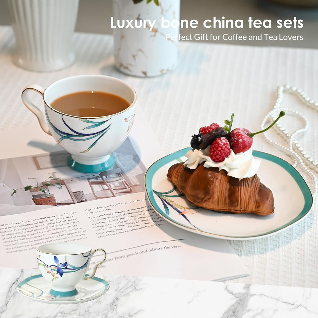 ACMLIFE Tea Cups and Saucers for 1, Bone China Teacup Set for Adults with Gold Trim and Gift Box, Blue and White Chinese English British Wedding Tea Set for One Coffee Cup Set 6.8 oz (Blue-Bamboo)