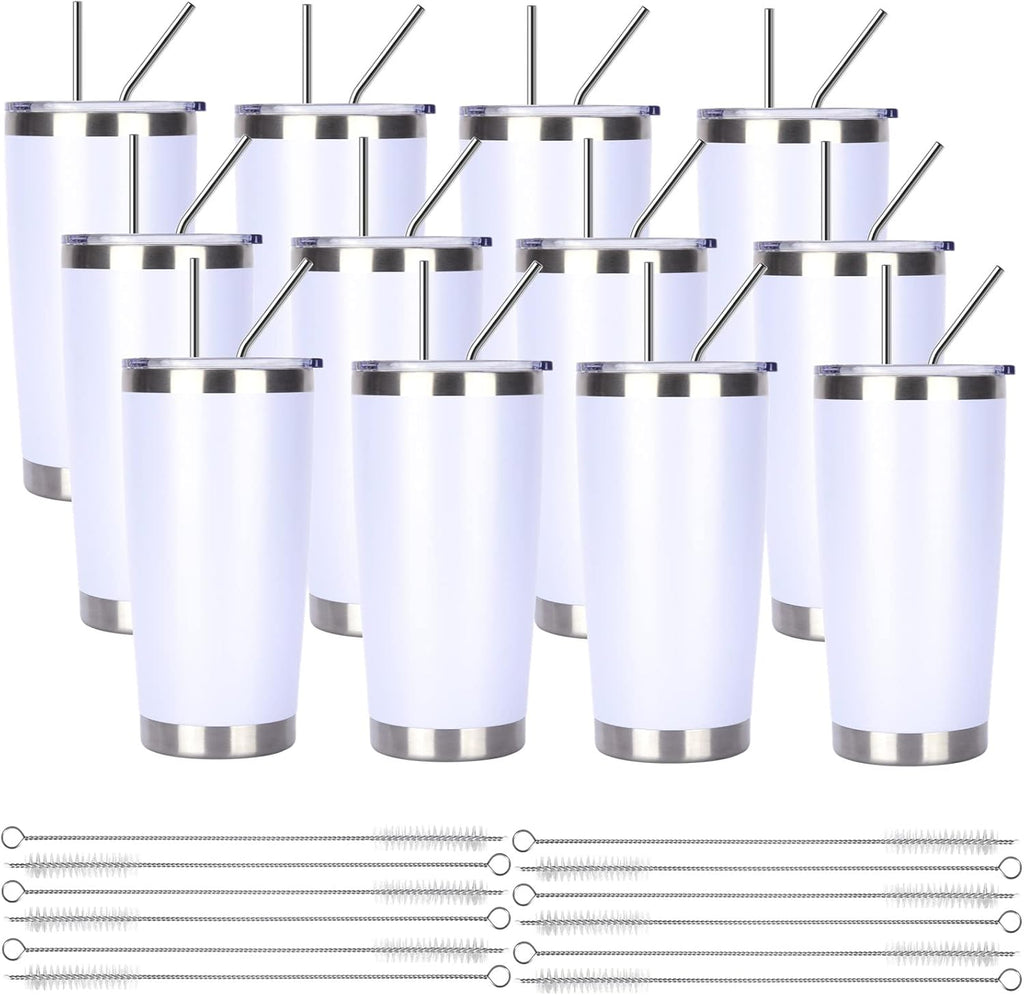 Pandance 20oz Stainless Steel Insulated Tumblers with Lid and Straw Bulk, Double Wall Vacuum Water Cups for Hot & Iced Coffee Drinks Travel Mug (White, 12 pack)