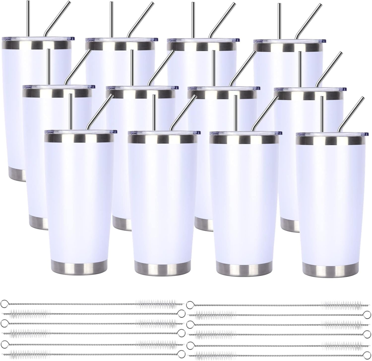 Pandance 20oz Stainless Steel Insulated Tumblers with Lid and Straw Bulk, Double Wall Vacuum Water Cups for Hot & Iced Coffee Drinks Travel Mug (White, 12 pack)