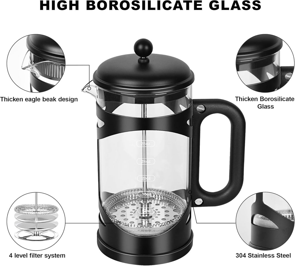 34 Ounce French Press Coffee Maker Black Stainless Steel Coffee Press, with 4-Level Filter System, Heat Resistant Thickness Borosilicate Glass, BPA-Free Brewed Coffee Pot for Camping Gifts