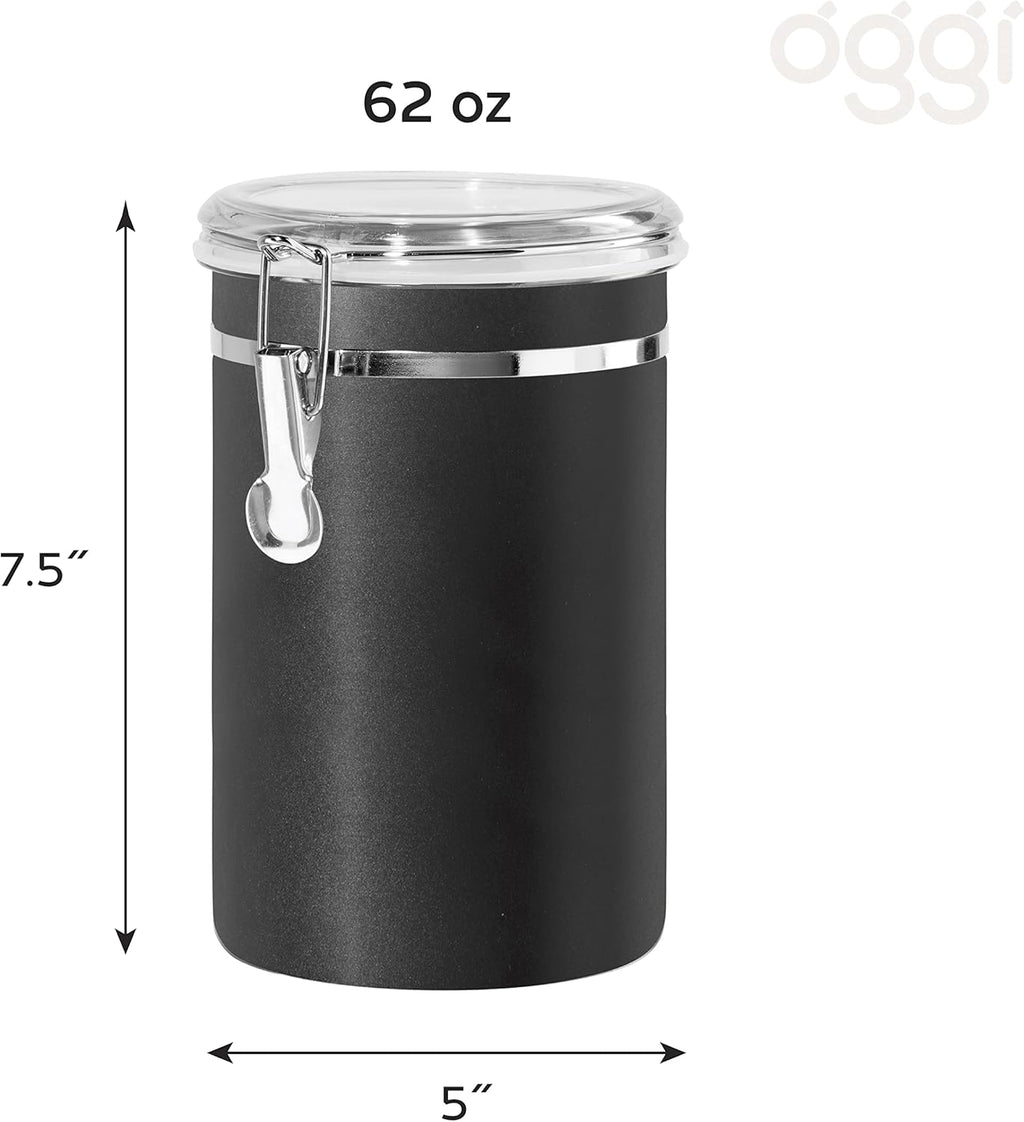 Oggi Stainless Steel Kitchen Canister 62 fl oz, Black - Airtight Clamp Lid, Clear See-Thru Top - Ideal for Kitchen Storage, Food Storage, Pantry Storage. Large Size 5" x 7.5".