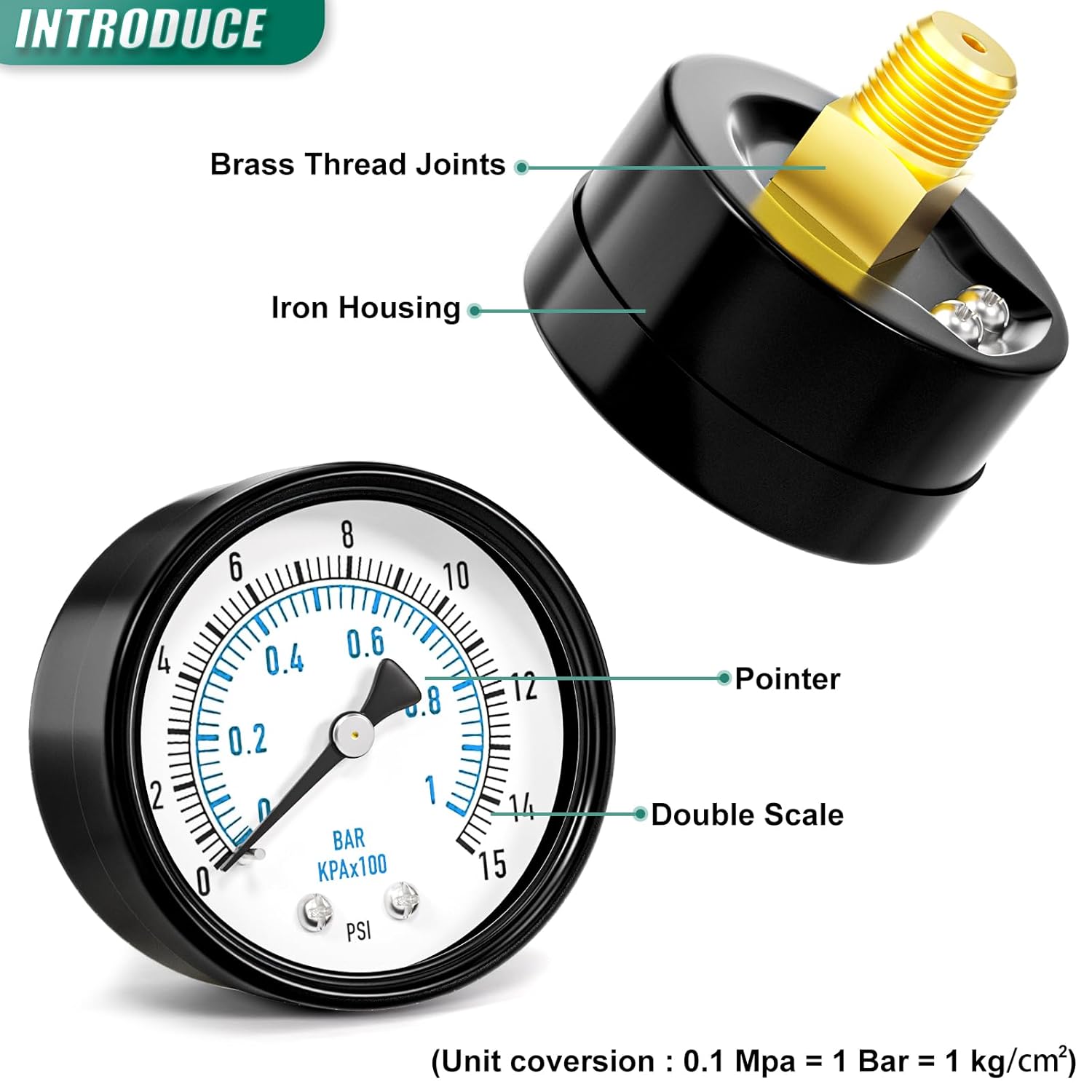 0-15PSI Well Pump Pressure Gauge 2" Dial Size, 1/4" NPT Back Mount, 3-2-3% Accuracy, for Tube, Water Pump, Gas, Liquid, Pressure Test