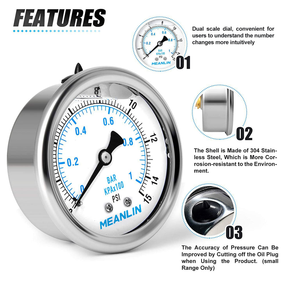 MEANLIN MEASURE 0~15Psi Stainless Steel 1/4" NPT 2.5" FACE DIAL Liquid Filled Pressure Gauge WOG Water Oil Air Center Back Mount, with 1/4" x 1/2" NPT and 1/4" x 3/8" NPT Hex Bushing
