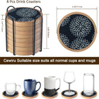 Wood Coasters Set of 8 with Holder, Cewiru Cup Mat for Drinks, Absorbent Coasters with Felt Insert for Coffee Table Protection, Modern Style Home Dining Table Decor, 4.3" Black